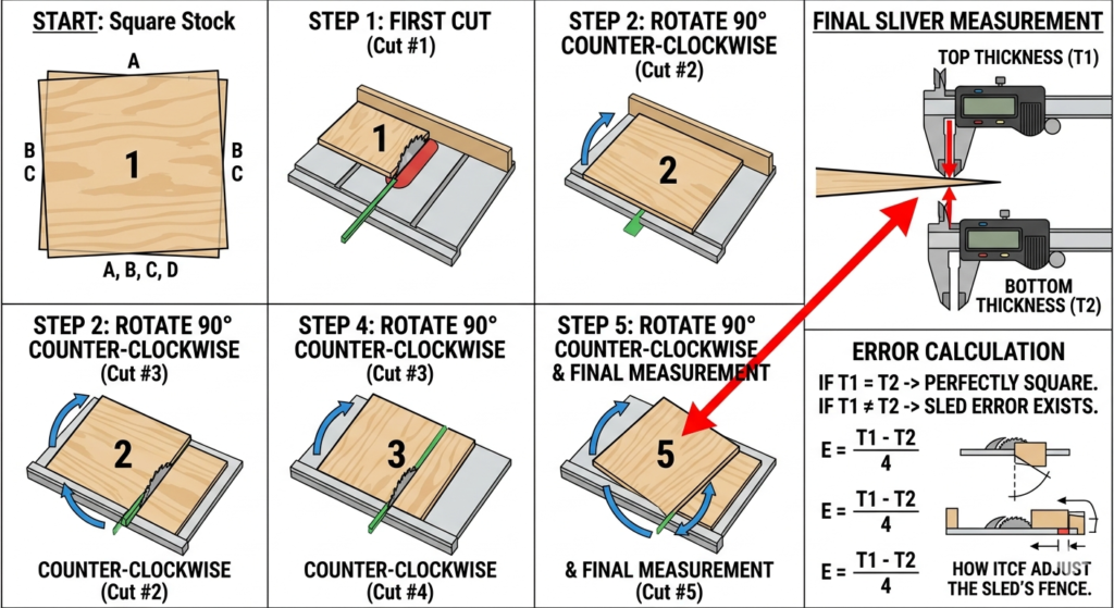 Un diagramme étape par étape montrant la séquence de la méthode à 5 coupes pour l'étalonnage de la scie à table, y compris les étapes de rotation et la mesure finale du ruban avec des étriers.