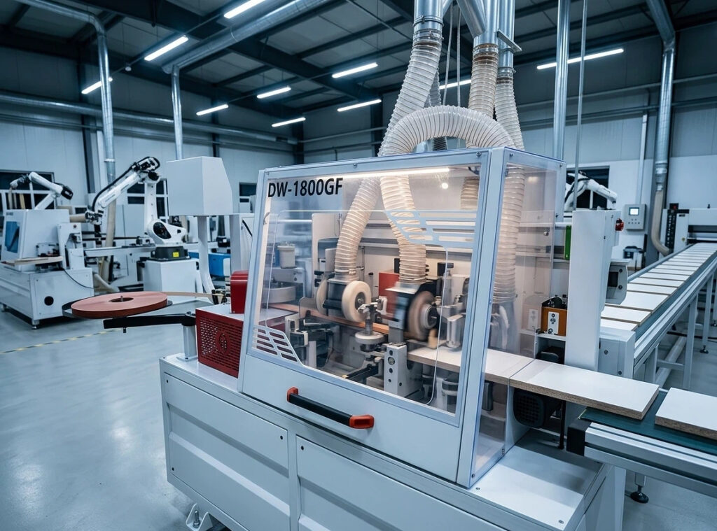 DW-1800GF Automatic Edge Sealing Machine with transparent safety covers in a modern furniture factory, showing high-speed trimming and buffing modules for durable furniture edges.