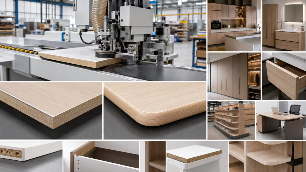 Edge bander corner rounding for cabinet doors, drawers, wardrobes, shelves, retail fixtures, and premium furniture panels