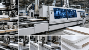 Edge bander features showing pre-milling, gluing, pressure rollers, trimming, scraping, buffing, corner rounding, and finished panel quality