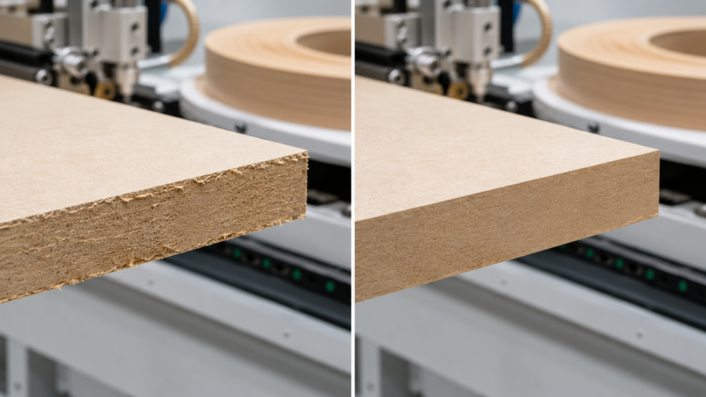 A before-and-after comparison showing how edge bander pre milling removes saw marks and micro-chips to create a smoother MDF panel edge.
