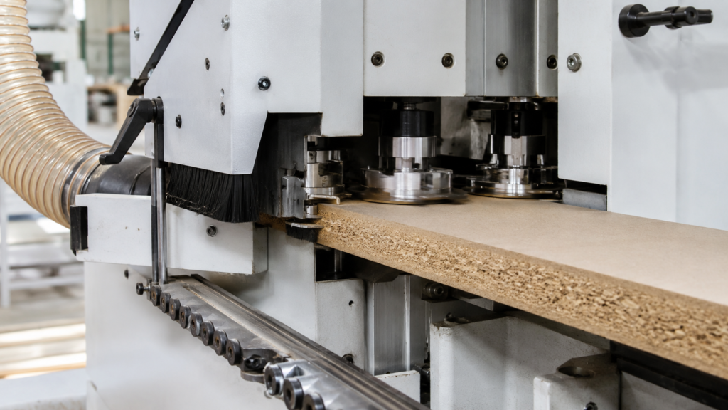 Edge bander pre milling unit trimming an MDF panel before glue application