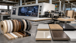 Edge banding materials including PVC, ABS, wood veneer, acrylic, and high-gloss bands beside an automatic edge bander for machine selection