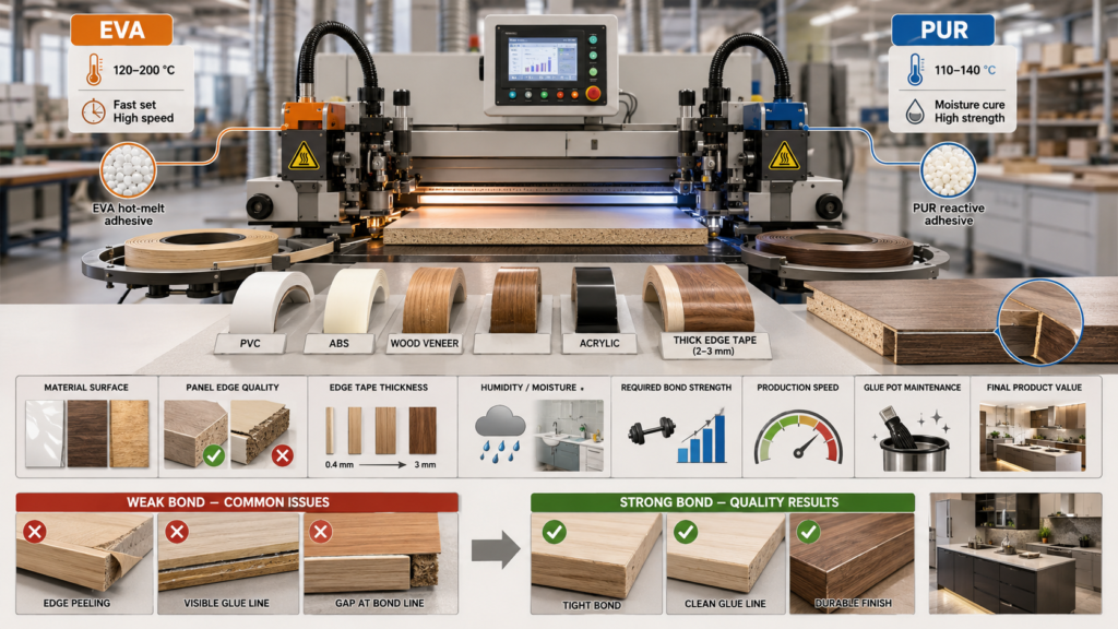 Edge banding materials and glue choice comparison showing EVA hot melt adhesive, PUR reactive adhesive, PVC, ABS, wood veneer, acrylic, thick edge tape, weak bonding, and clean finished edges