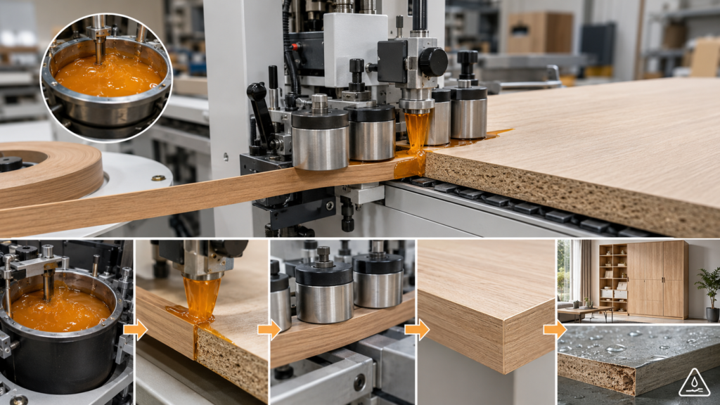 EVA edge banding adhesive hot melt process showing glue pot, adhesive application, pressure rollers, and finished cabinet panel edge