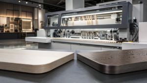 EVA vs PUR edge banding glue comparison with cabinet panels and automatic edge banding machine