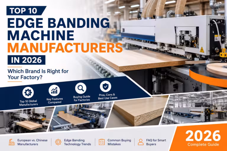 Top 10 Edge Banding Machine Manufacturers in 2026 guide showing industrial woodworking edge banding machine in modern furniture factory production line