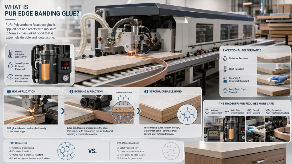 Technical illustration showing what PUR edge banding glue is, how it is heated, reacts with moisture, and forms a strong durable bond on cabinet panel edges