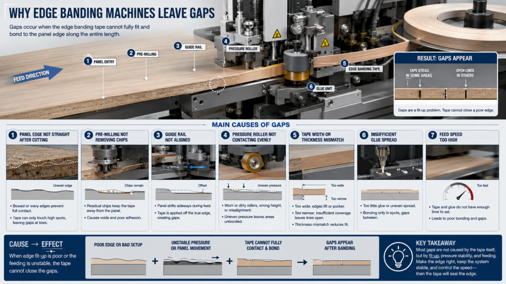 Why edge banding machine leaving gaps on panel edges during edge banding