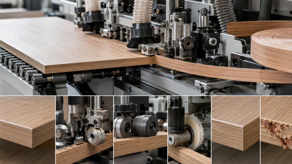 Wood veneer edge banding processed on an edge bander with trimming tools, pressure rollers, buffing wheels, clean finished edges, and damaged veneer edge comparison