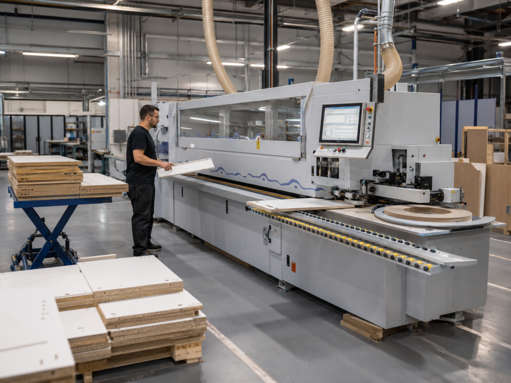 Industrial edge banding machine used for cabinet manufacturing and MDF panel processing