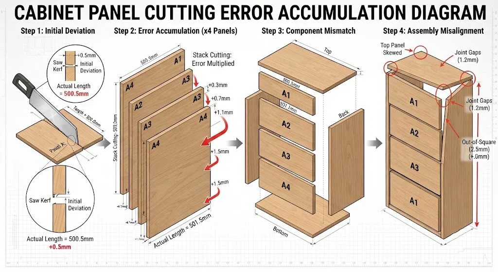 Technical engineering diagram showing cabinet panel cutting error accumulation, demonstrating how small measurement deviations in initial cuts lead to assembly misalignment and joint gaps in furniture manufacturing.