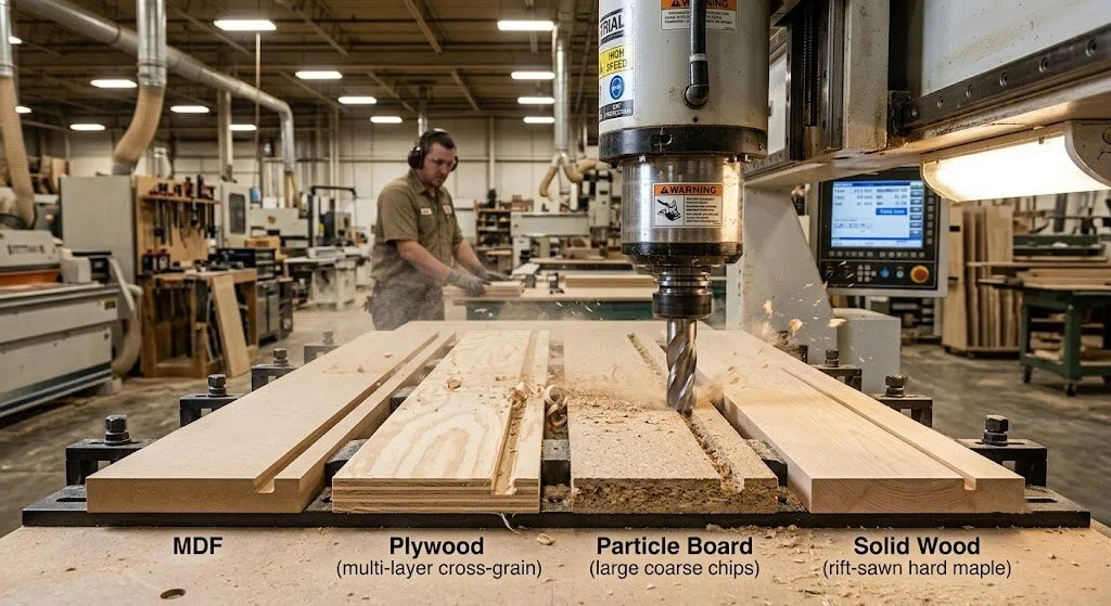 Industrial comparison of cutting edge quality on MDF, plywood, particle board, and solid wood using a CNC woodworking machine spindle router bit in a factory environment.