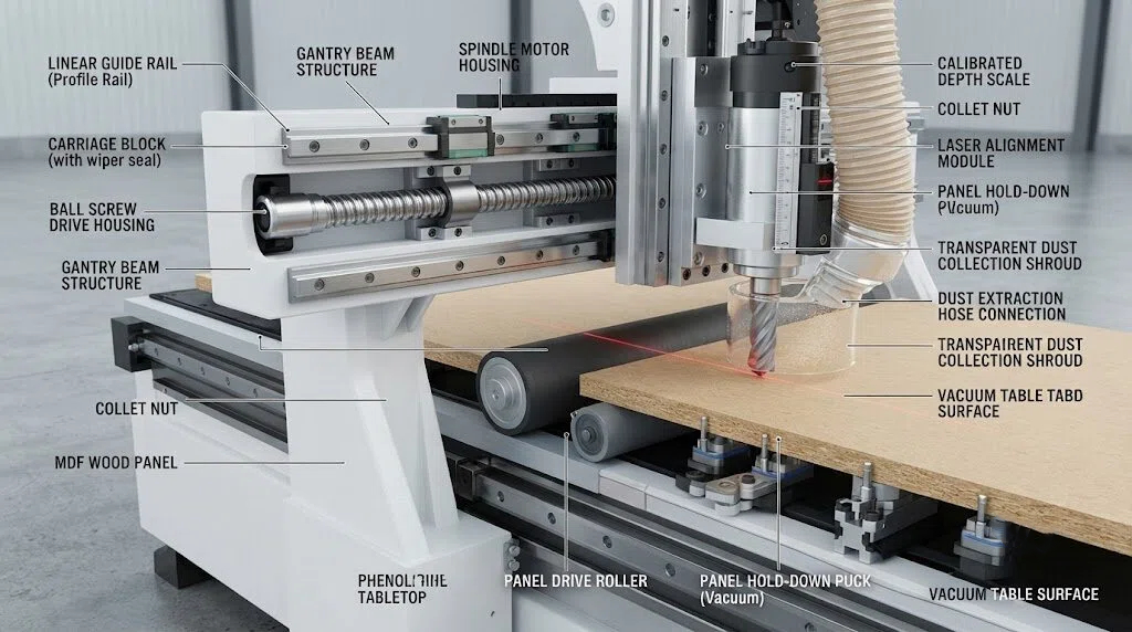 Technical diagram of CNC wood cutting machine mechanism showing linear guide rail, carriage block, ball screw drive, spindle motor housing, vacuum table surface, and dust extraction system. Industrial engineering illustration.