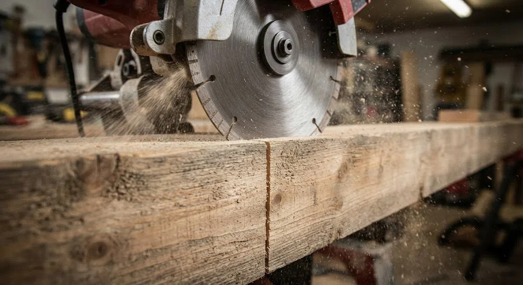 The diamond saw blade is efficiently cutting thick wooden blocks, demonstrating its high precision and wear resistance in heavy-duty woodworking operations.