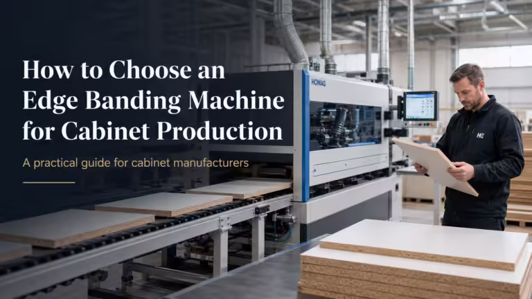 Automatic edge banding machine processing cabinet panels in a furniture production factory for cabinet manufacturing