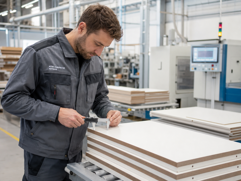 Woodworking engineer inspecting edge-banded MDF cabinet panels in a modern furniture factory
