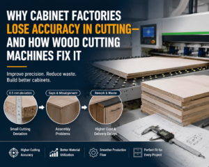 Infographic explaining why cabinet factories lose cutting accuracy, detailing the progression from small measurement deviations to assembly gaps, rework, and waste in furniture manufacturing.