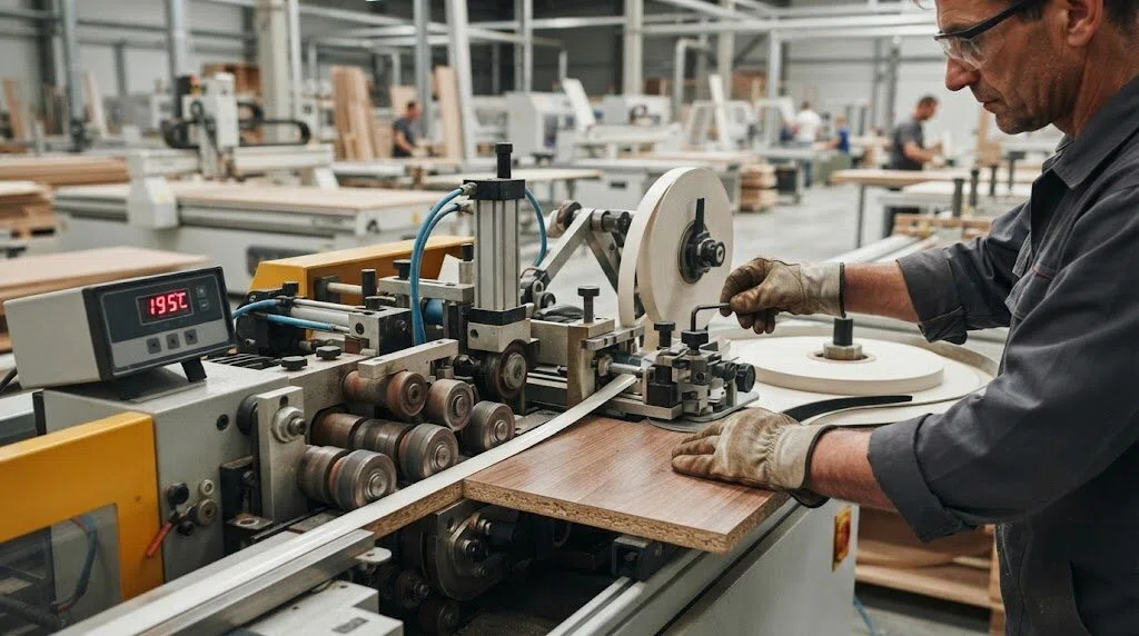 The woodworking technician adjusted the temperature and pressure settings of the automatic edge-sealing machine in the furniture production workshop, ensuring the high-quality installation of the PVC edge-sealing tape.