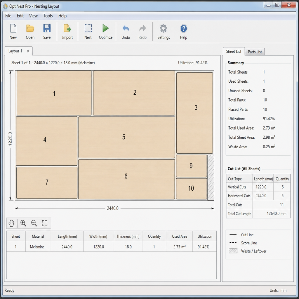 The operation interface of OptiNest Pro nesting layout software: It demonstrates the efficient cutting optimization for melamine board, with a utilization rate as high as 91.42%
